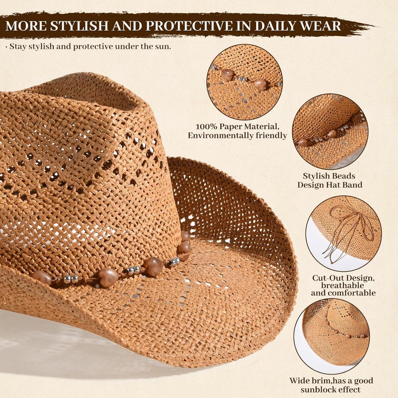 Willheoy Straw Cowboy Hat for Men Womens Straw Cowgirl Hat Summer Western Cowboy Hats with Wide Brim for Cowgirls and Cowboys - Image 4